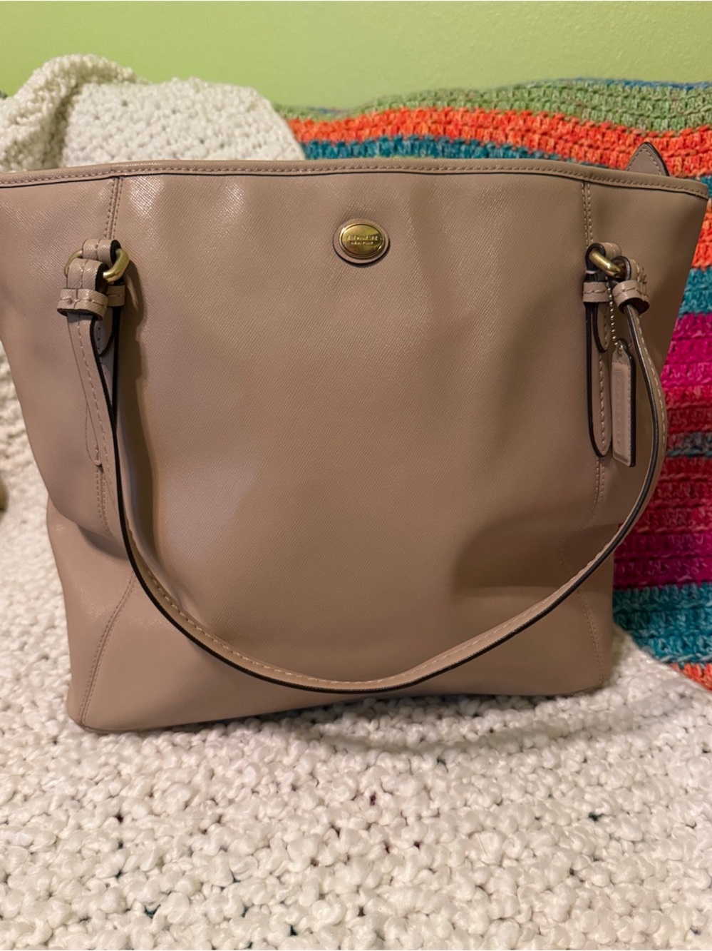 Coach Peyton Leather Tote in Taupe Beige with Gold Accents